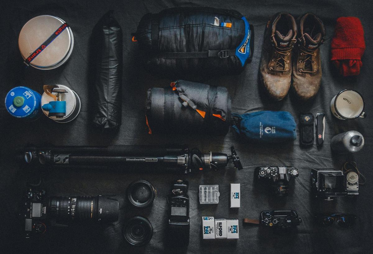 Hiking gear laid out for a Dolomites trip